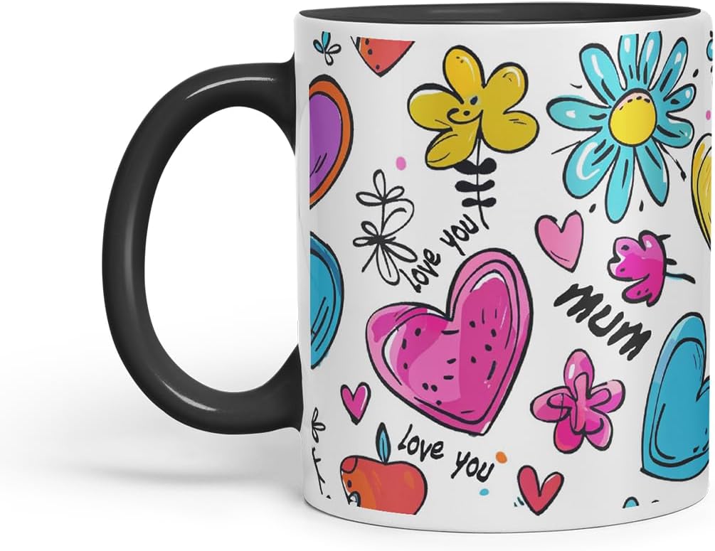 Vixar Mum Love You Colourful Hearts Pattern Mug – Coloured Ceramic Mug Cup Gift, 11oz (Black)