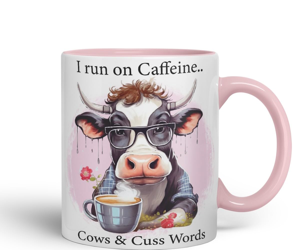 Vixar I Run on Caffeine Cows & Cu.. Words Coloured Ceramic Mug Cup Gift, 11oz (Black)
