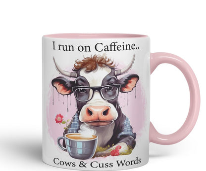 Vixar I Run on Caffeine Cows & Cu.. Words Coloured Ceramic Mug Cup Gift, 11oz (Black)