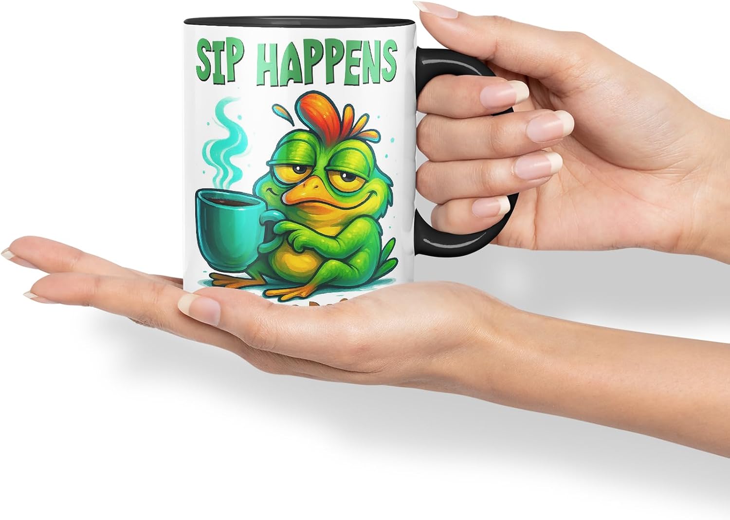 Vixar Sip Happens for These Decisions Funny Frog Coffee Mug – Coloured Ceramic Mug Cup Gift, 11oz (Black)
