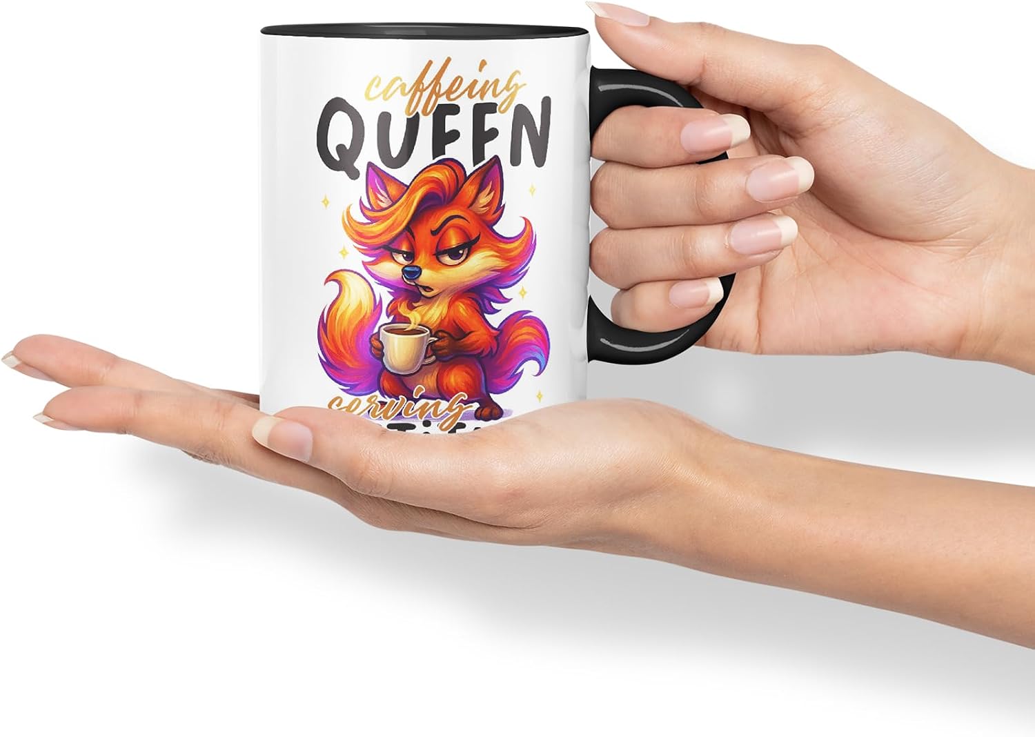 Vixar Caffeine Queen Serving Attitude Funny Fox Mug – Coloured Ceramic Mug Cup Gift, 11oz (Black)