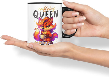 Vixar Caffeine Queen Serving Attitude Funny Fox Mug – Coloured Ceramic Mug Cup Gift, 11oz (Black)