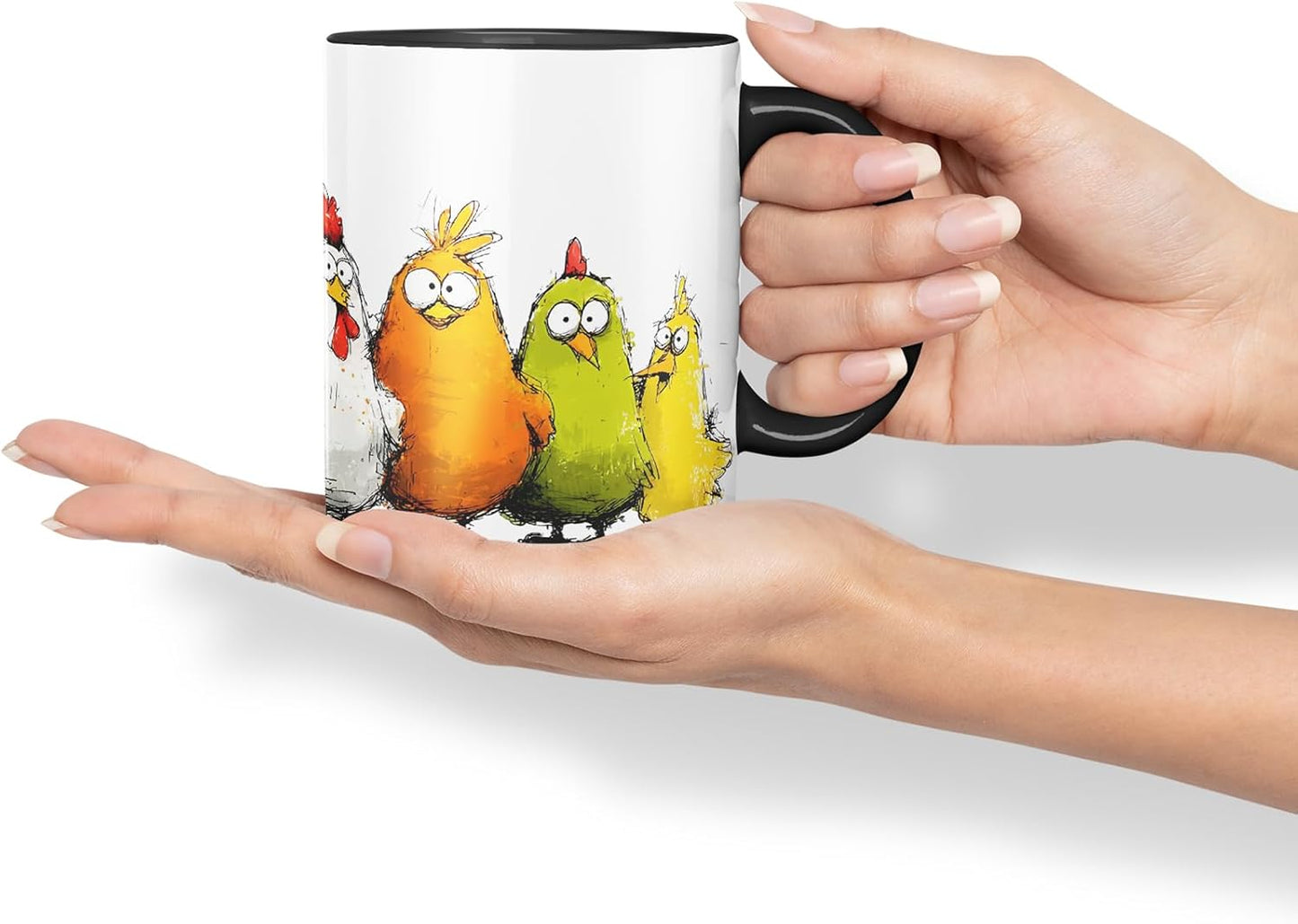 Vixar Funny Colourful Chickens Design – Coloured Ceramic Mug Cup Gift, 11oz (Black)