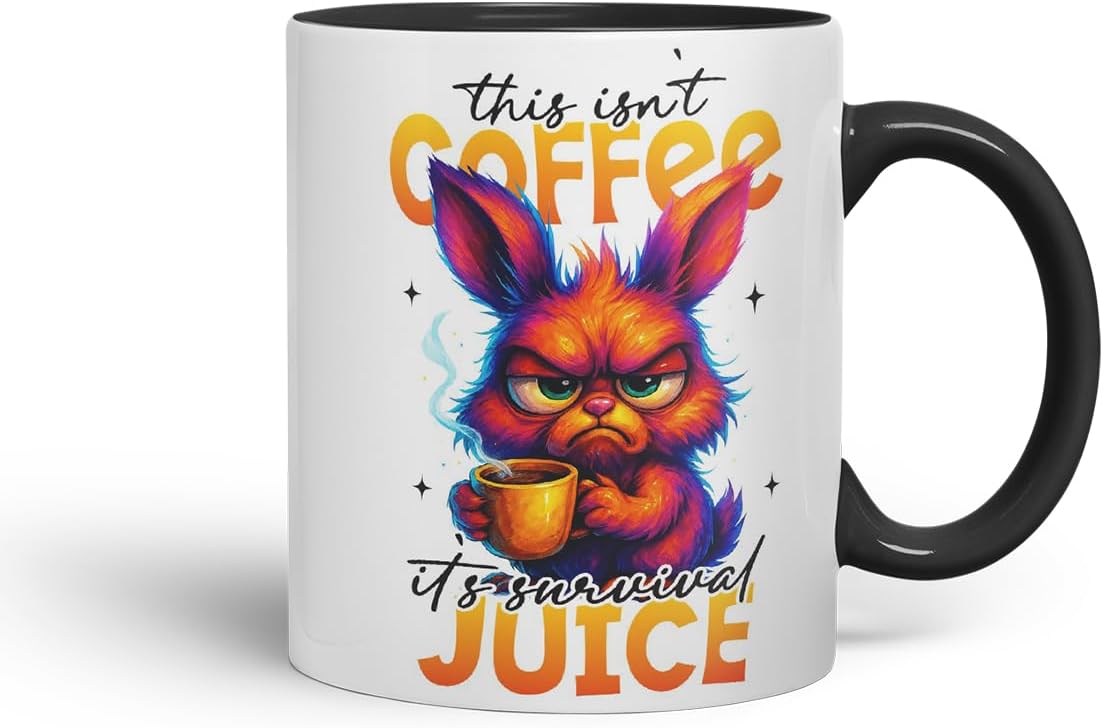 Vixar This Isn't Coffee It's Survival Juice Funny Bunny Coffee Mug – Coloured Ceramic Mug Cup Gift, 11oz (Black)