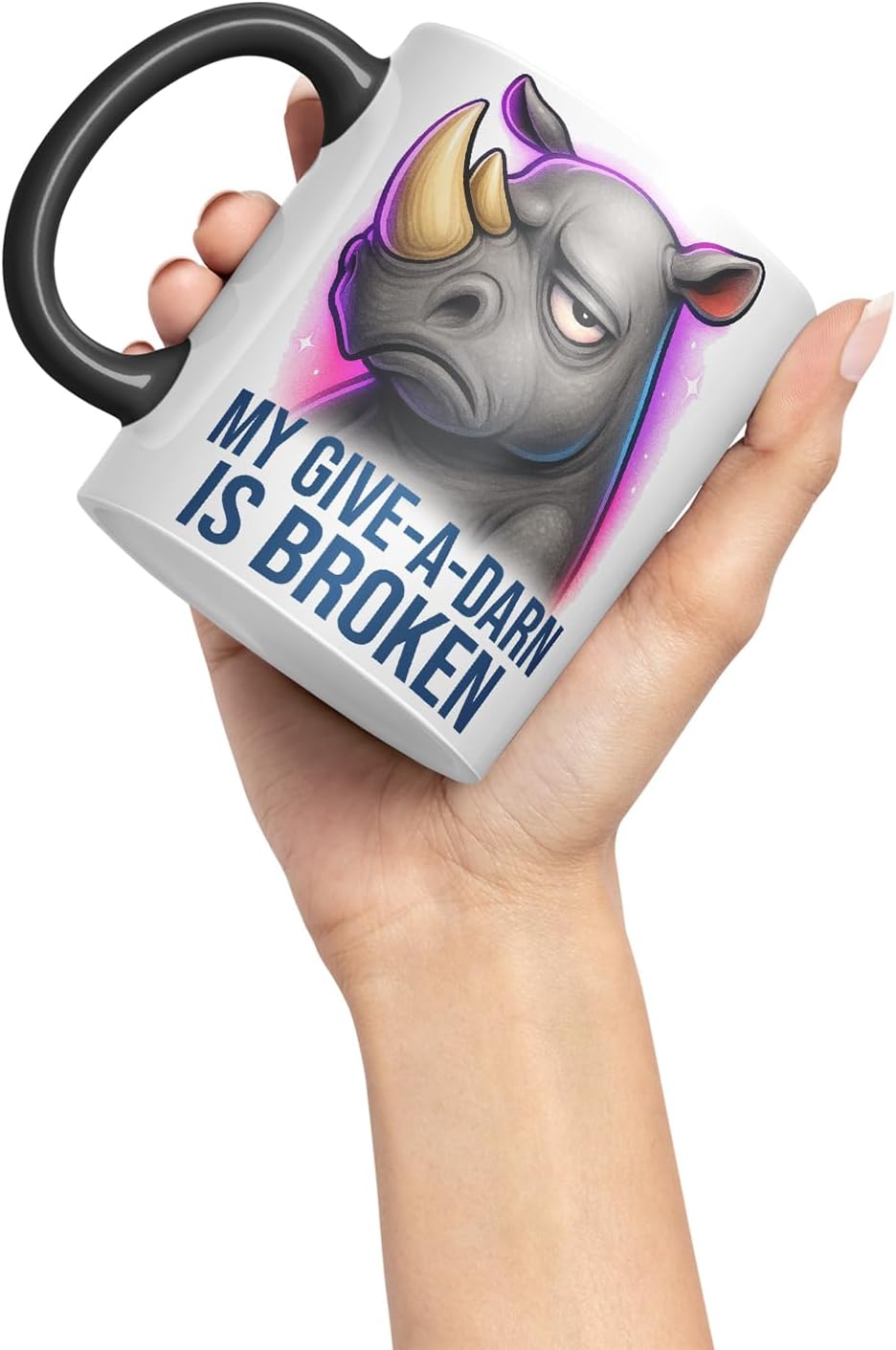 Vixar My Give-A-Darn is Broken Sarcastic Rhino – Coloured Ceramic Mug Cup Gift, 11oz (Black)