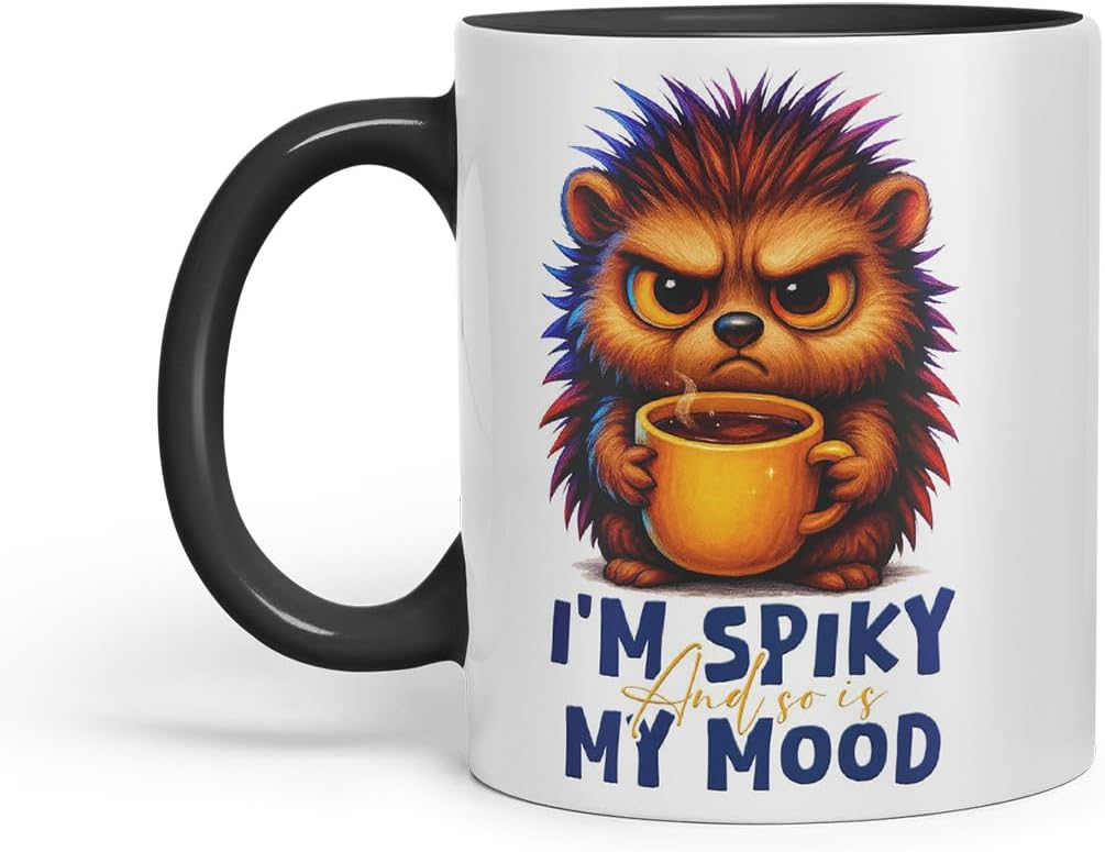 Vixar I'm Spiky and So is My Mood Funny Hedgehog Mug – Coloured Ceramic Mug Cup Gift, 11oz (Black)