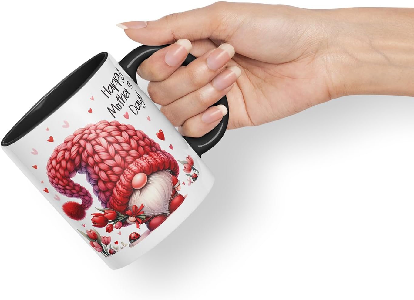 Vixar Happy Mother's Day Cute Red Gnome Mother Mum Mug – Coloured Ceramic Mug Cup Gift, 11oz (Black)