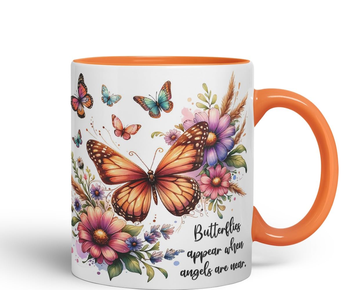 Vixar Butterflies Appear When Angels are Near Coloured Mug Cup Butterfly Floral Memorial Gift 11oz (Black)