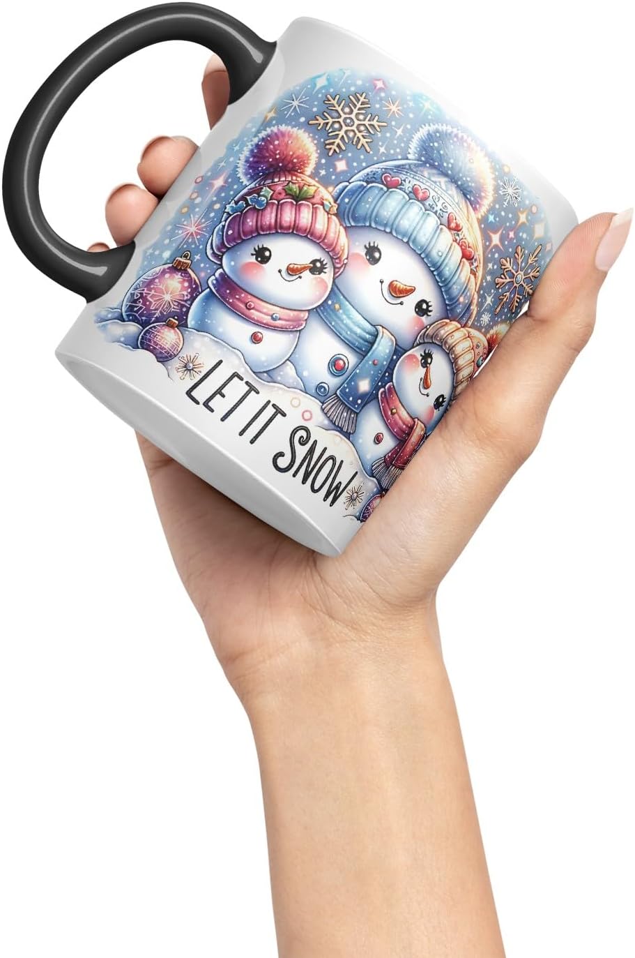 Vixar Let It Snow Cute Snowman Family Coloured Mug Cup Christmas Winter Gift 11oz (Black)