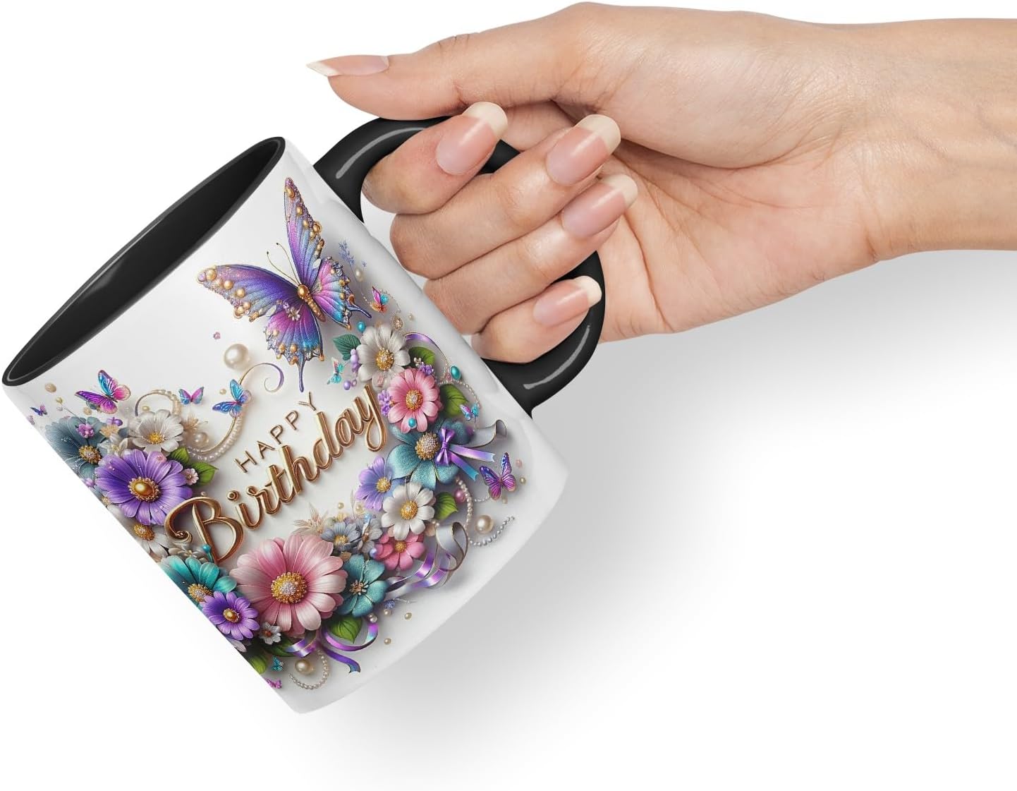 Vixar Happy Birthday Floral Wreath Butterflies Coloured Ceramic Mug Cup Gift 11oz V13 (Black)