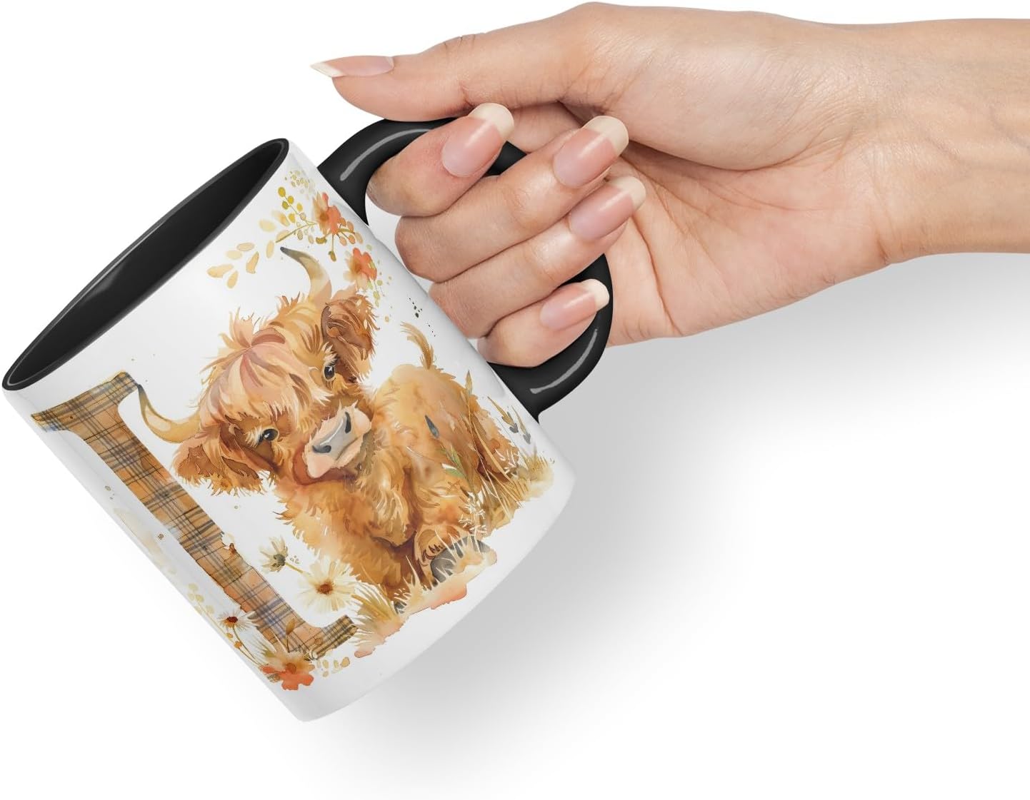 Vixar Highland Cow Alphabet Monogram Coloured Ceramic Cup Mug – Letter I – Rustic Farmhouse Animal Letter Gift – 11oz (Black)