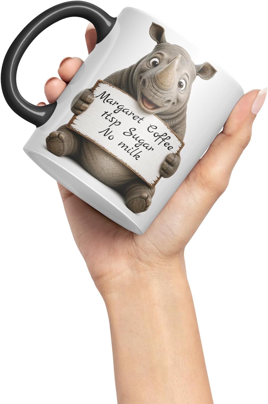 Vixar Personalised Rhino Mug with Name or Custom Message – Cute Animal Coloured Ceramic Mug Cup Gift, 11oz (Black)