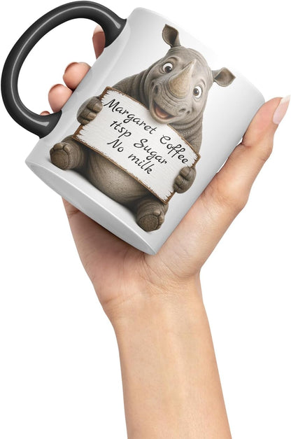 Vixar Personalised Rhino Mug with Name or Custom Message – Cute Animal Coloured Ceramic Mug Cup Gift, 11oz (Black)