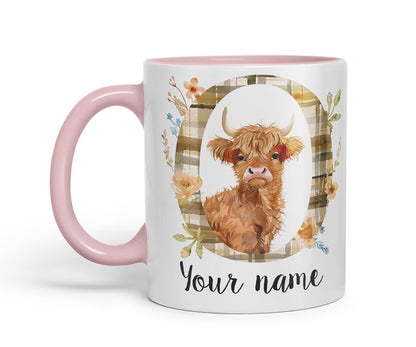 Vixar Personalised Highland Cow Initial Letter O Custom Name Mug – Coloured Ceramic Mug Cup Gift, 11oz (Black)