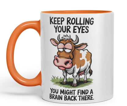 Vixar Keep Rolling Your Eyes You Might Find a Brain Cow Joke Coloured Ceramic Mug Cup Gift, 11oz (Black)