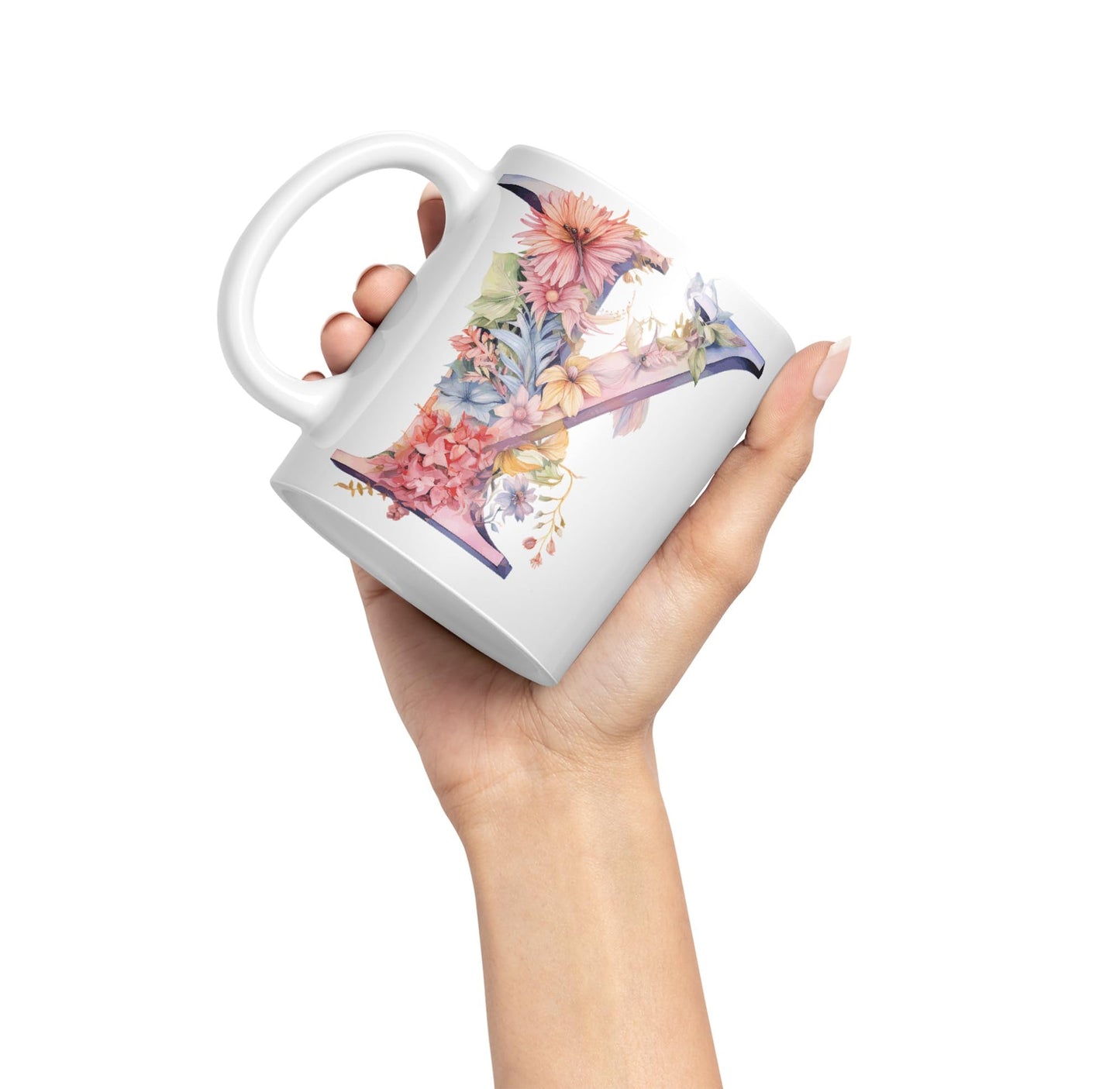 Letter Y mug, Floral flowers butterfly Alphabet Letter Y Monogram watercolour Ceramic Coloured Mug Cup for Tea Coffee Hot brew 330ml 11Oz Gift