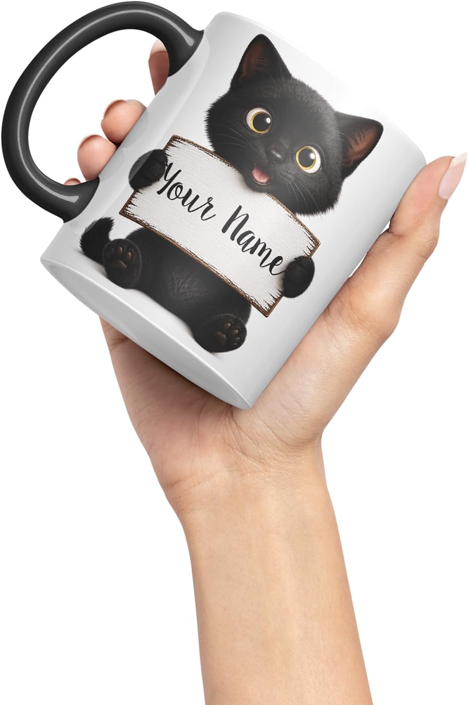 Vixar Personalised Cute Cat Mug with Name or Custom Message – Cute Animal Coloured Ceramic Mug Cup Gift, 11oz (Black)