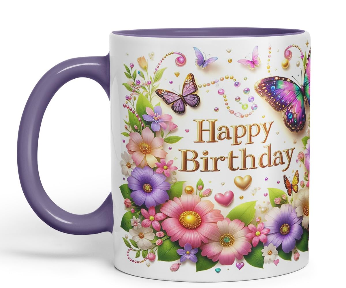 Vixar Happy Birthday Colourful Butterflies and Hearts Coloured Ceramic Mug Cup Gift 11oz V5 (Black)
