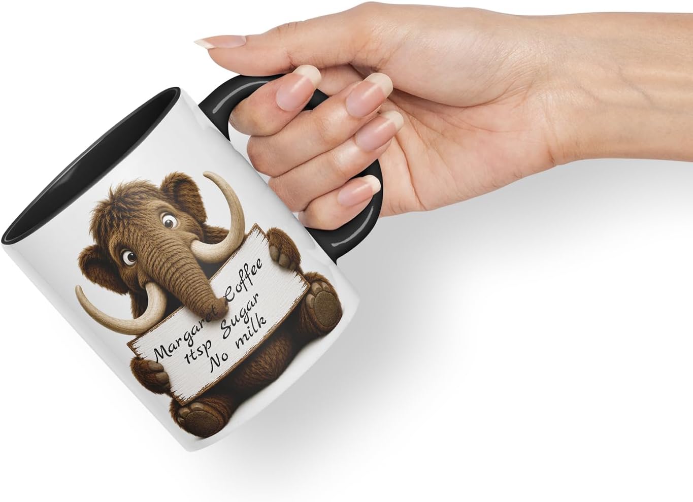 Vixar Personalised Mammoth Mug with Name or Custom Message – Cute Animal Coloured Ceramic Mug Cup Gift, 11oz (Black)