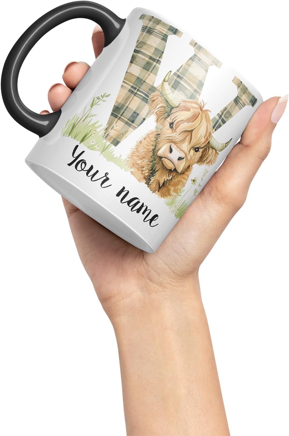 Vixar Personalised Highland Cow Initial Letter W Custom Name Mug – Coloured Ceramic Mug Cup Gift, 11oz (Black)
