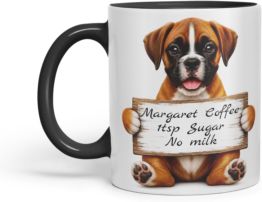 Vixar Personalised Boxer Dog Mug with Name or Custom Message – Cute Animal Coloured Ceramic Mug Cup Gift, 11oz (Black)