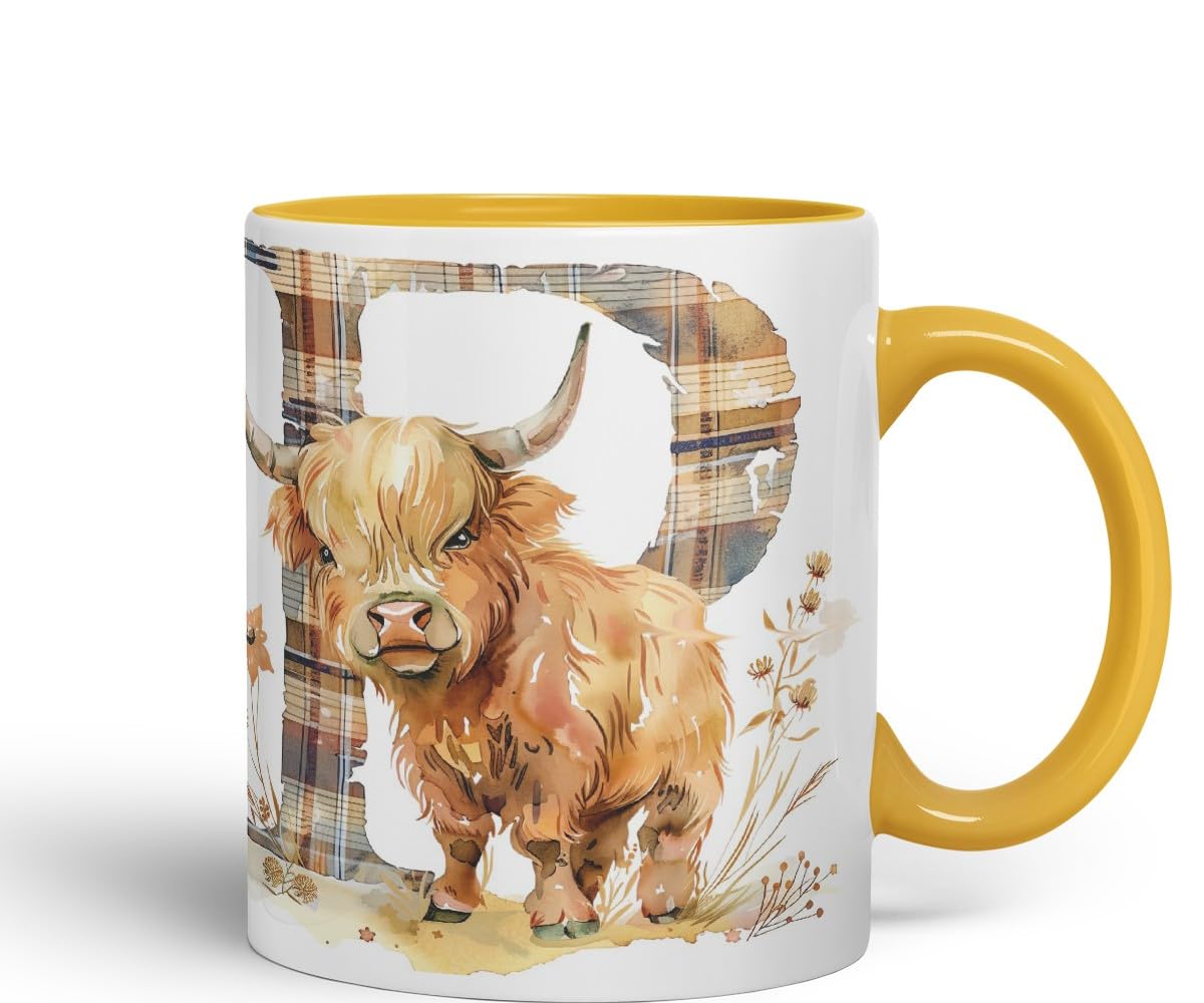 Vixar Highland Cow Alphabet Monogram Coloured Ceramic Cup Mug – Letter P – Rustic Farmhouse Animal Letter Gift – 11oz (Black)