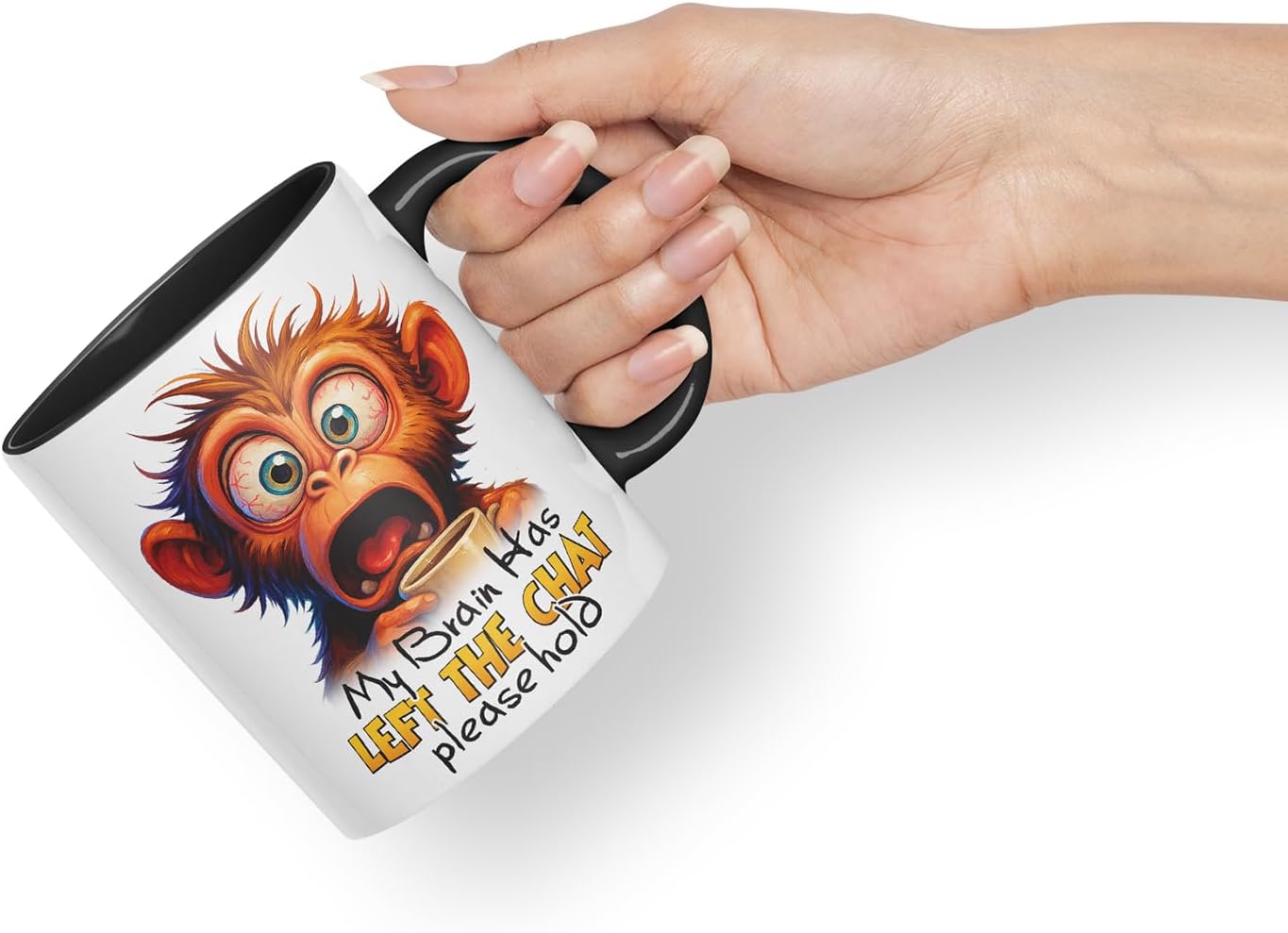 Vixar My Brain Has Left The Chat Please Hold Sarcastic Monkey – Coloured Ceramic Mug Cup Gift, 11oz (Black)