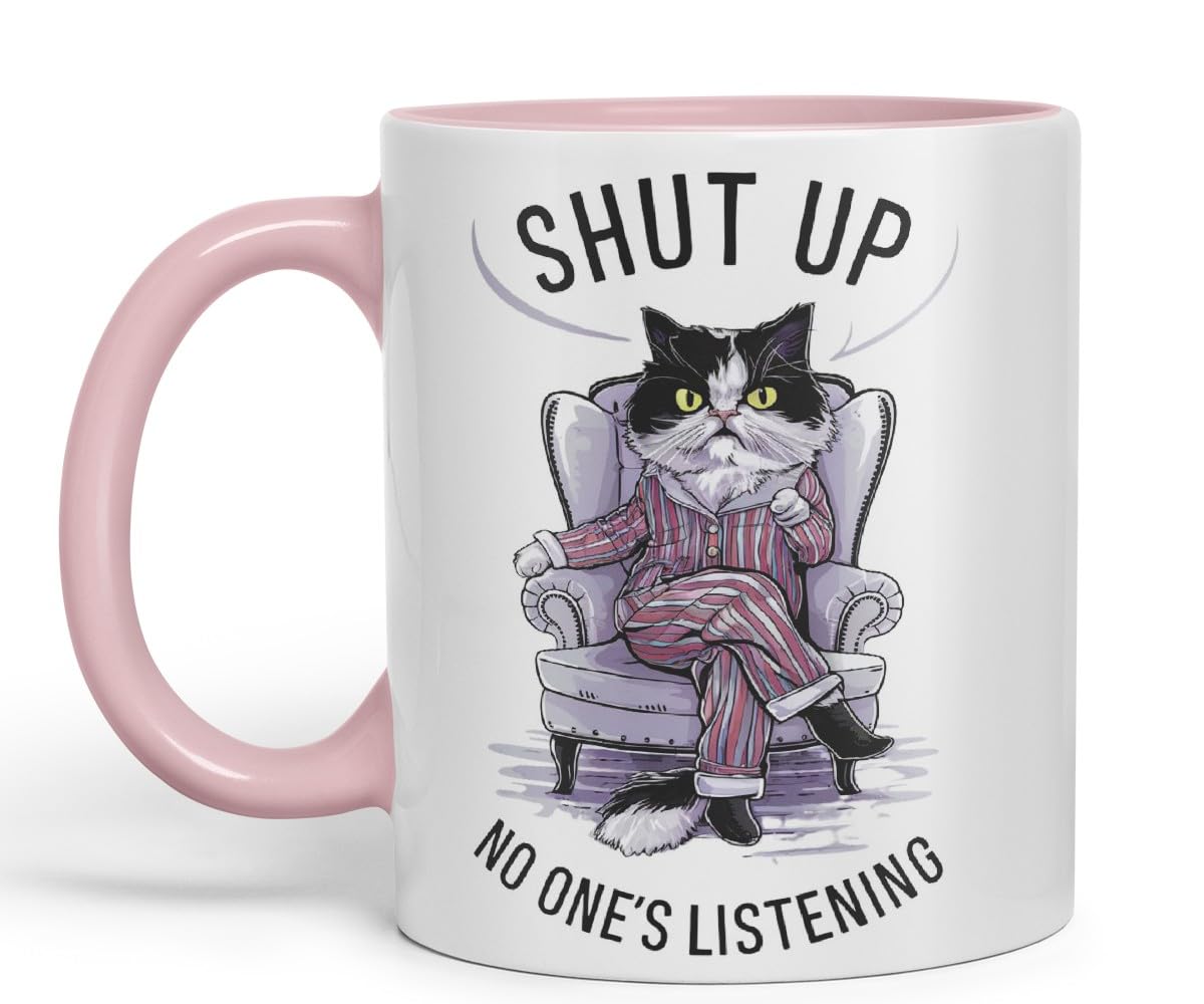 Vixar Shut Up No One’s Listening Sarcastic cat Coloured Ceramic Mug Cup Gift, 11oz (Black)