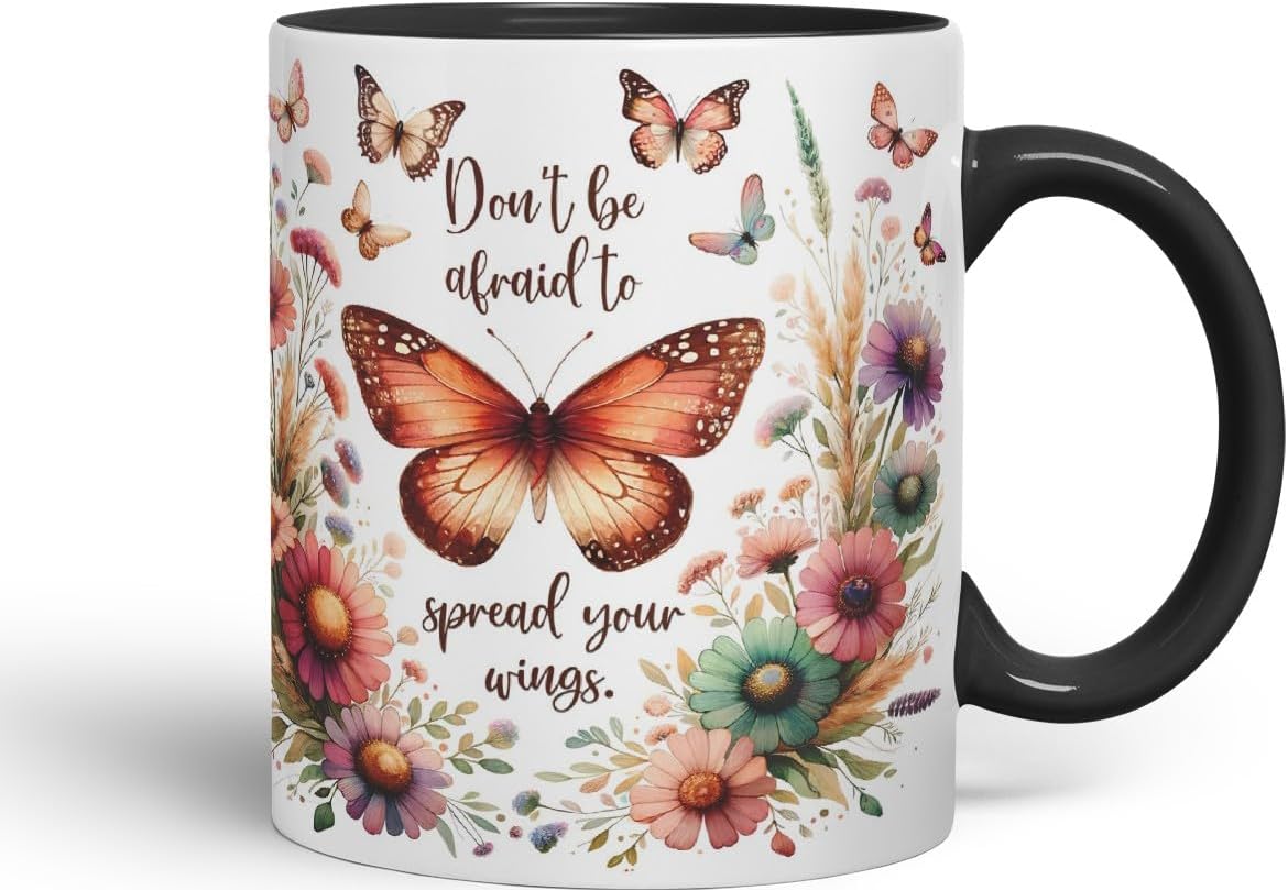 Vixar Don’t Be Afraid to Spread Your Wings Butterfly Coloured Mug Cup Floral Nature Inspirational Gift 11oz (Black)