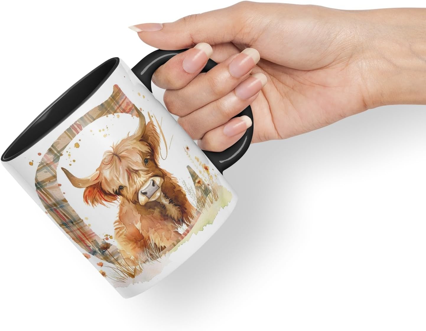 Vixar Highland Cow Alphabet Monogram Coloured Ceramic Cup Mug – Letter C – Rustic Farmhouse Animal Letter Gift – 11oz (Black)