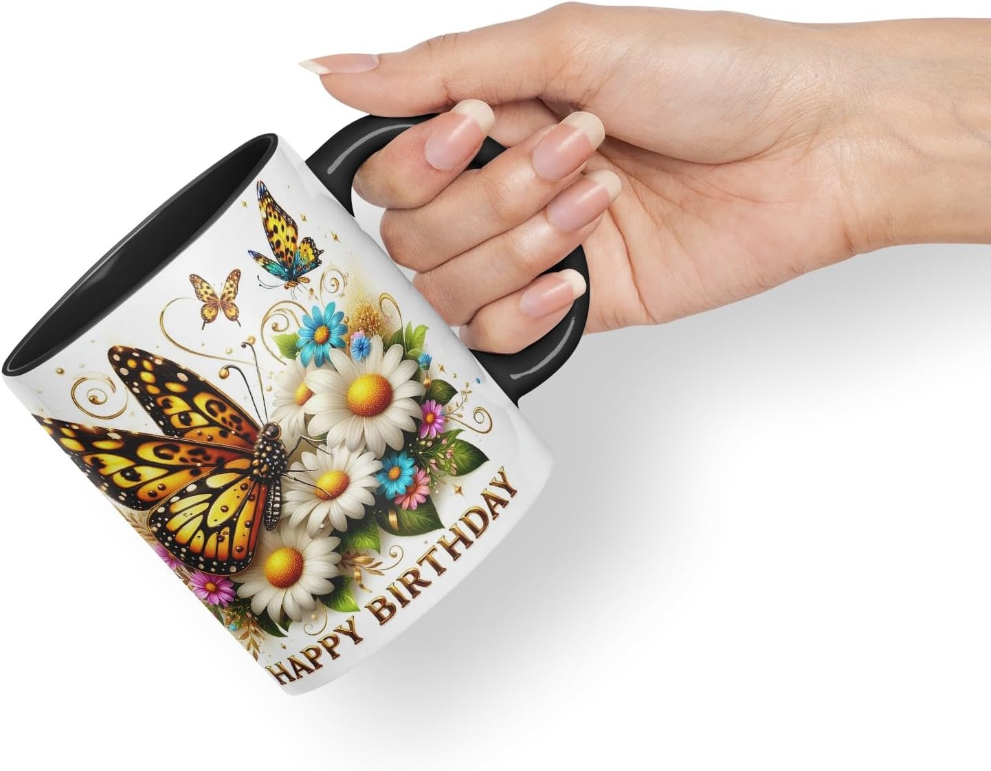 Vixar Happy Birthday Golden Butterfly Daisies Coloured Ceramic Mug Cup Gift 11oz V9 (Black)