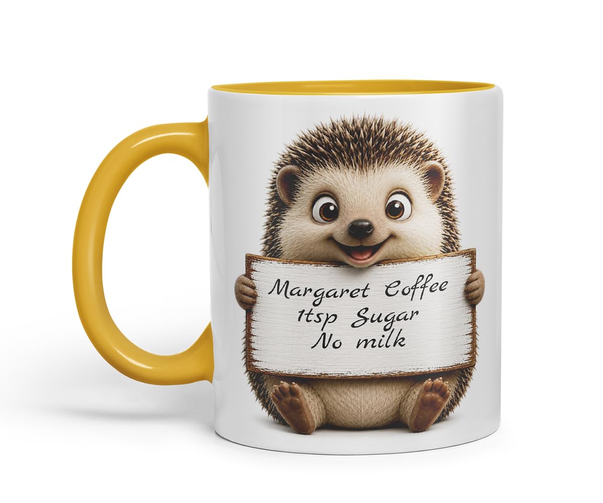 Vixar Personalised Hedgehog Mug with Name or Custom Message – Cute Animal Coloured Ceramic Mug Cup Gift, 11oz (Black)