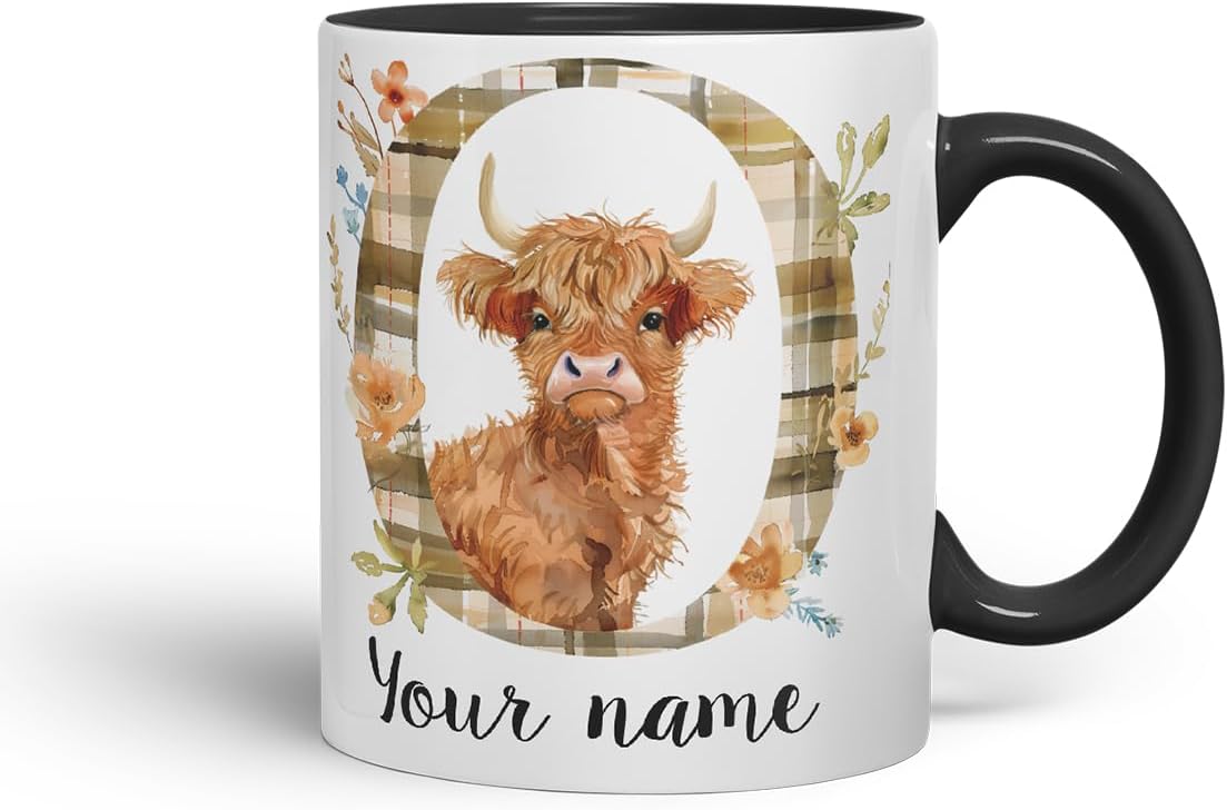 Vixar Personalised Highland Cow Initial Letter O Custom Name Mug – Coloured Ceramic Mug Cup Gift, 11oz (Black)