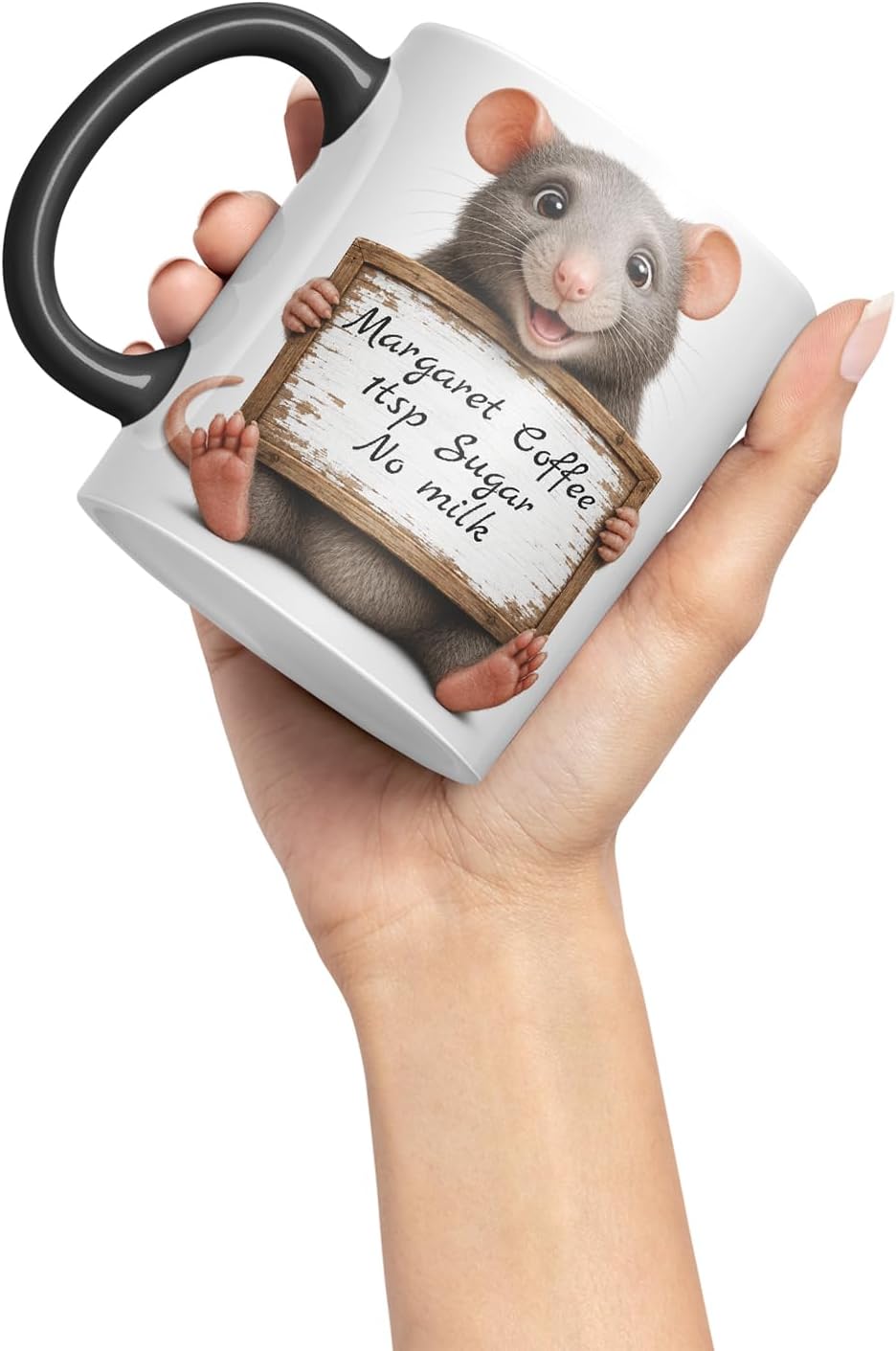 Vixar Personalised Rat Mug with Name or Custom Message – Cute Animal Coloured Ceramic Mug Cup Gift, 11oz (Black)