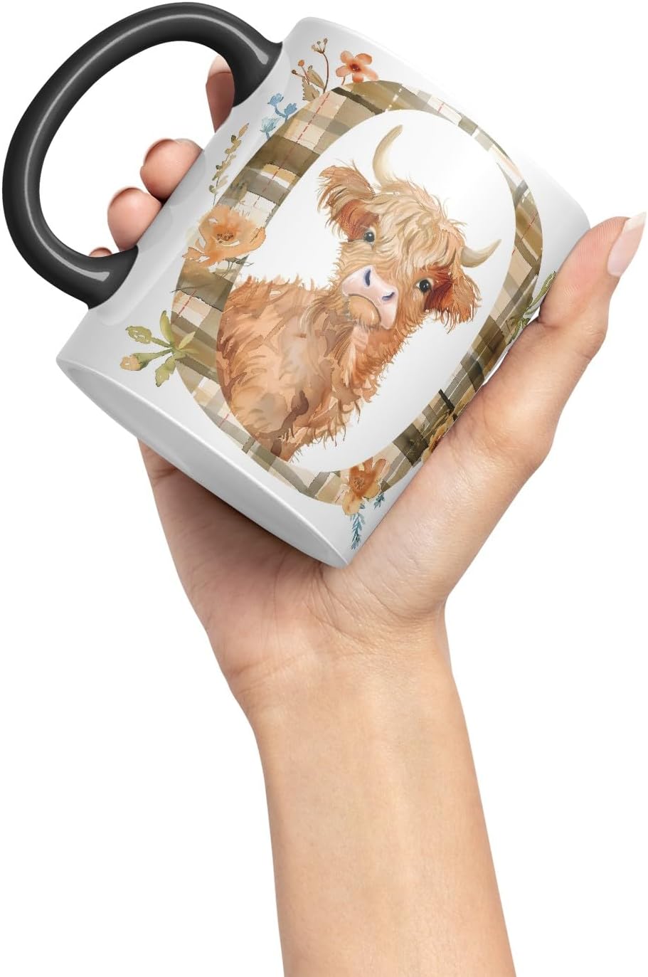 Vixar Highland Cow Alphabet Monogram Coloured Ceramic Cup Mug – Letter O – Rustic Farmhouse Animal Letter Gift – 11oz (Black)