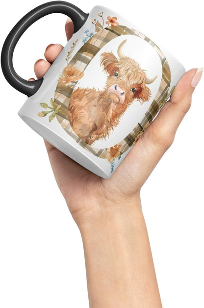 Vixar Highland Cow Alphabet Monogram Coloured Ceramic Cup Mug – Letter O – Rustic Farmhouse Animal Letter Gift – 11oz (Black)