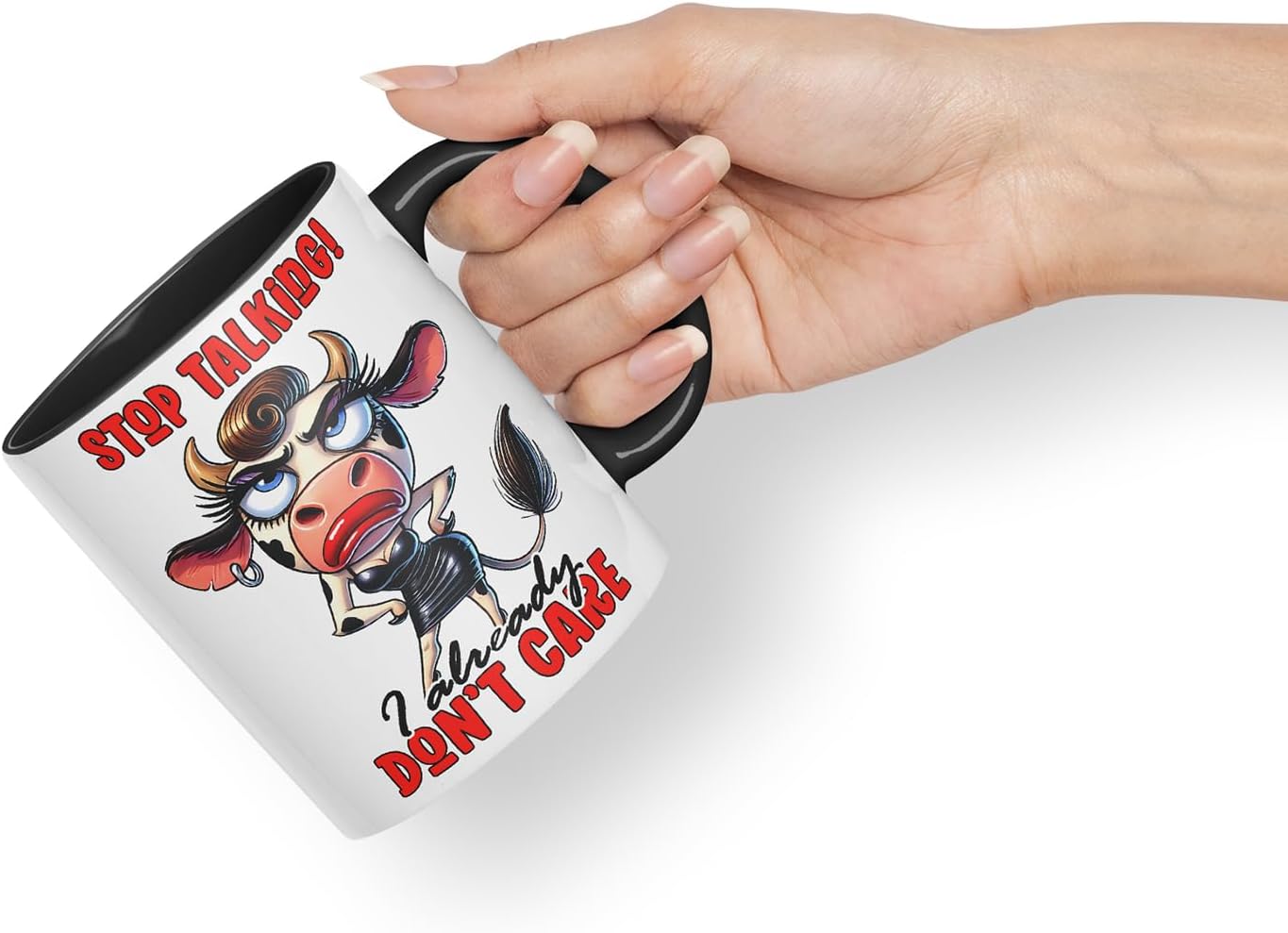 Vixar Stop Talking I Already Don't Care Funny Cow – Coloured Ceramic Mug Cup Gift, 11oz (Black)