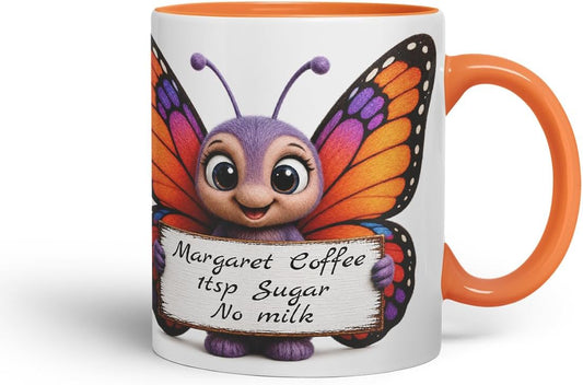 Vixar Personalised Butterfly Mug with Name or Custom Message – Cute Animal Coloured Ceramic Mug Cup Gift, 11oz (Orange)