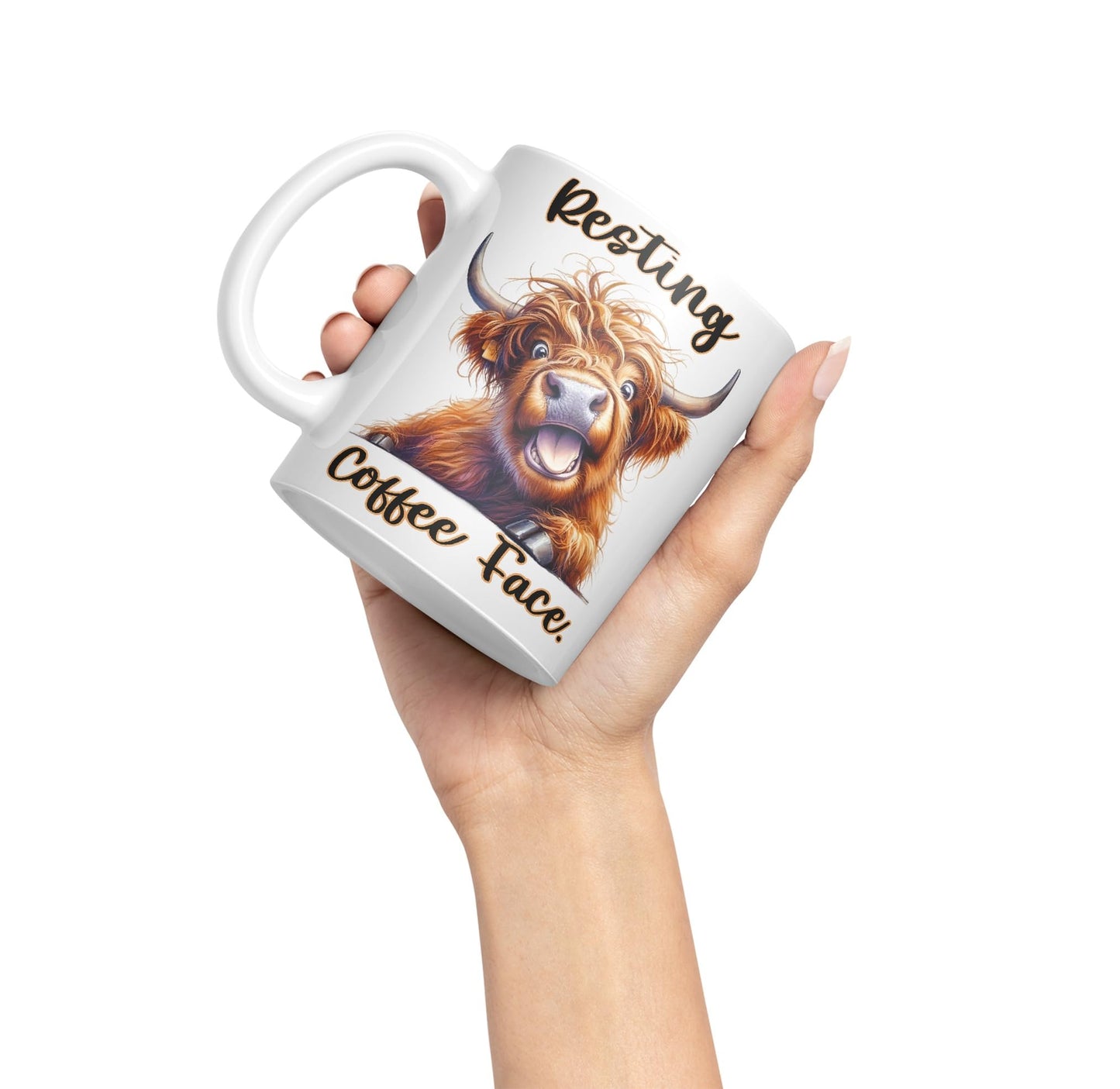 Resting Coffee Face Cow Highland Joke sarkasm Sarcastic Ceramic Coloured Mug Cup for Tea Coffee Hot Brew 330ml 11Oz Gift