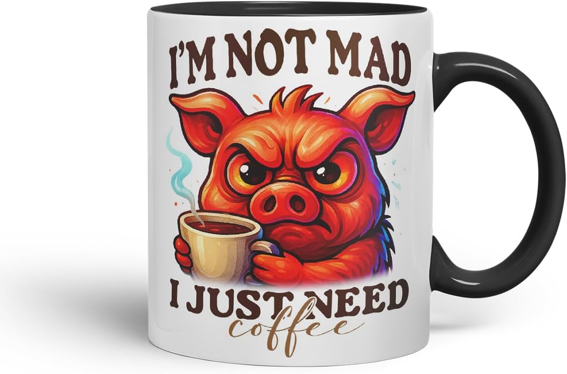 Vixar I'm Not Mad I Just Need Coffee Funny Pig Mug – Coloured Ceramic Mug Cup Gift, 11oz (Black)