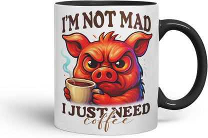 Vixar I'm Not Mad I Just Need Coffee Funny Pig Mug – Coloured Ceramic Mug Cup Gift, 11oz (Black)