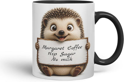 Vixar Personalised Hedgehog Mug with Name or Custom Message – Cute Animal Coloured Ceramic Mug Cup Gift, 11oz (Black)