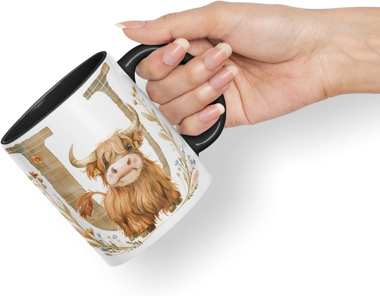Vixar Highland Cow Alphabet Monogram Coloured Ceramic Cup Mug – Letter U – Rustic Farmhouse Animal Letter Gift – 11oz (Black)