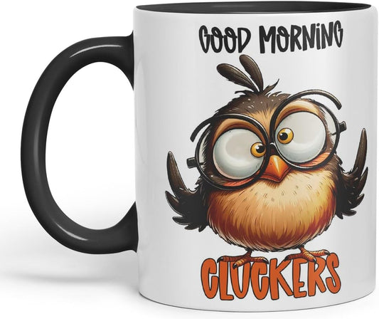 Vixar Good Morning Cluckers Coloured Ceramic Mug Cup 11oz Funny Sarcastic Gift (Black)