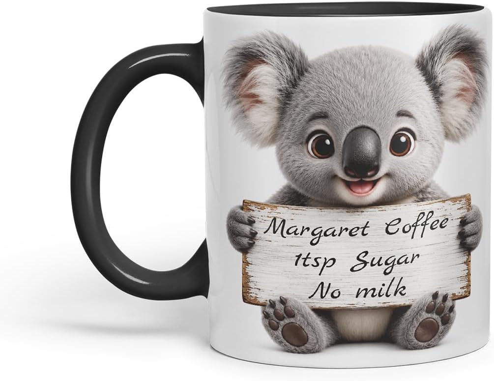 Vixar Personalised Koala Mug with Name or Custom Message – Cute Animal Coloured Ceramic Mug Cup Gift, 11oz (Black)