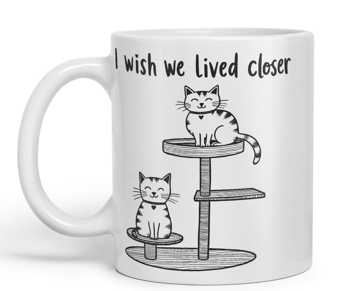 Vixar I Wish We Lived Closer Coloured Ceramic Cup Mug – Minimalist Cat Lovers Gift for Friends or Partner – 11oz (Black)