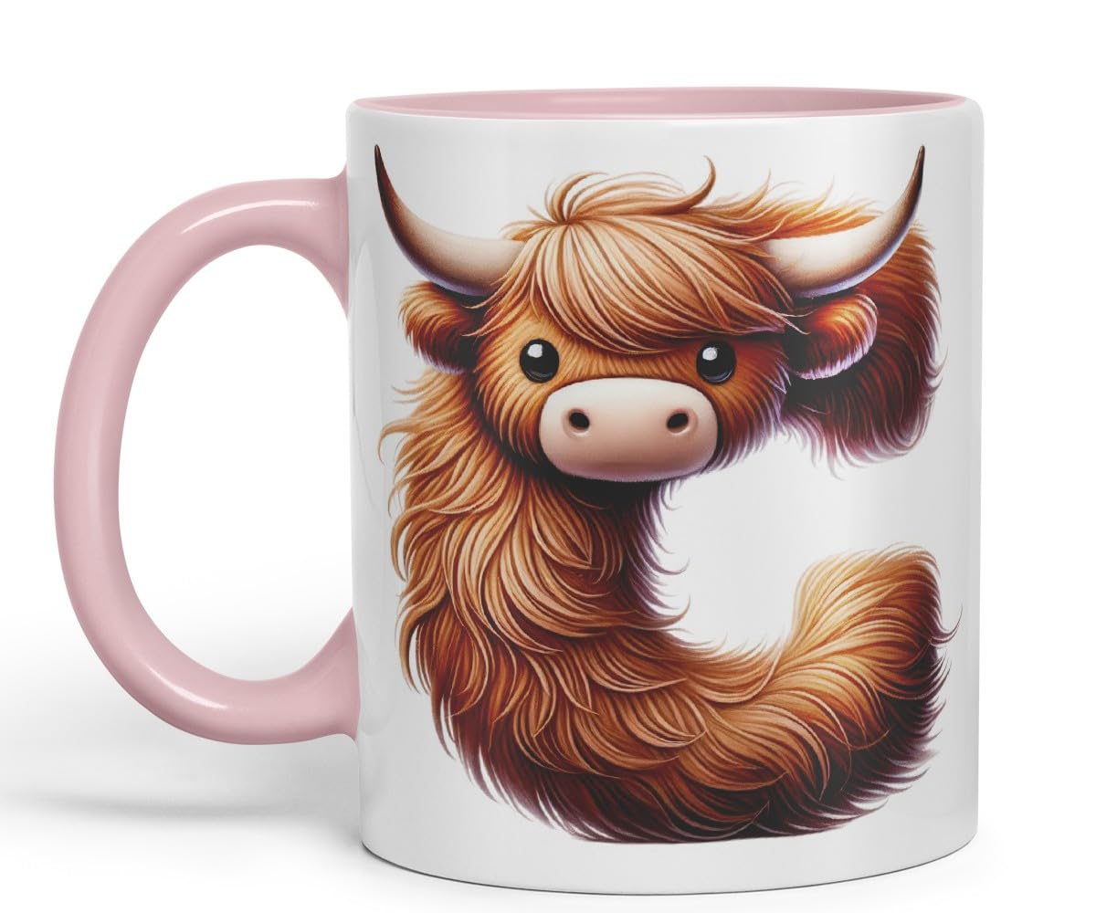 Highland Cow Alphabet Monogram Coloured Ceramic Cup Mug Letter C Rustic Farmhouse Animal Letter Gift V2 11oz (Black)