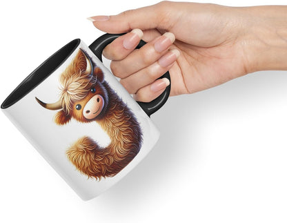 Highland Cow Alphabet Monogram Coloured Ceramic Cup Mug Letter J Rustic Farmhouse Animal Letter Gift V2 11oz (Black)