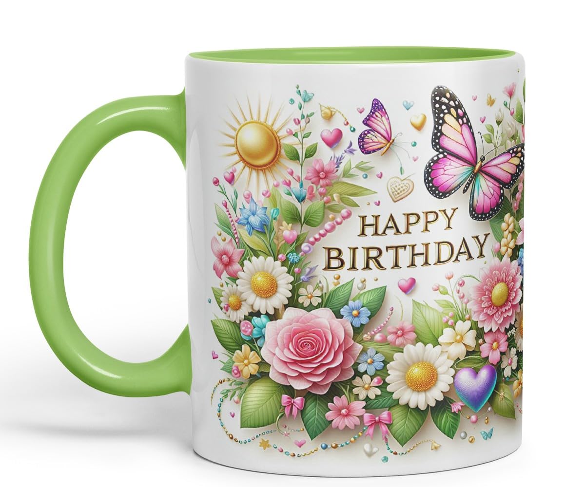 Vixar Happy Birthday Sun Roses Butterflies Coloured Ceramic Mug Cup Gift 11oz V14 (Black)