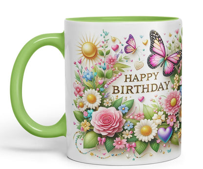 Vixar Happy Birthday Sun Roses Butterflies Coloured Ceramic Mug Cup Gift 11oz V14 (Black)